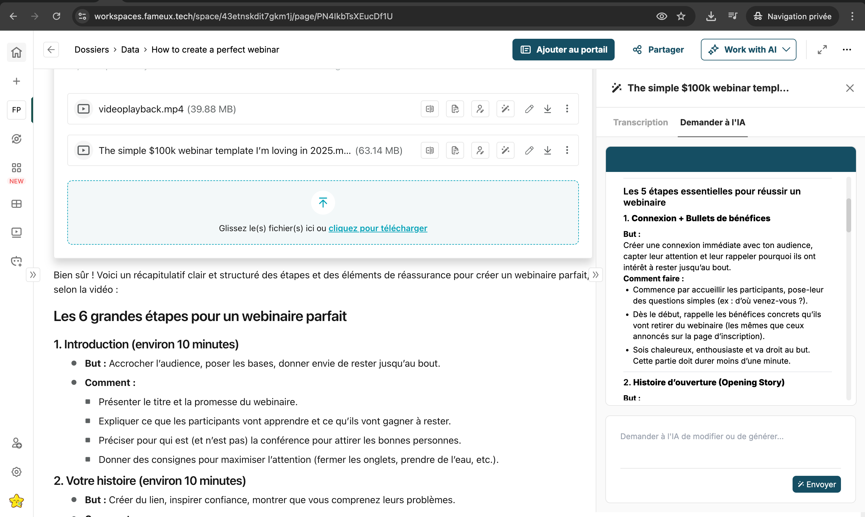 Interface Fameux Workspaces avec panneau de travail assisté par IA
